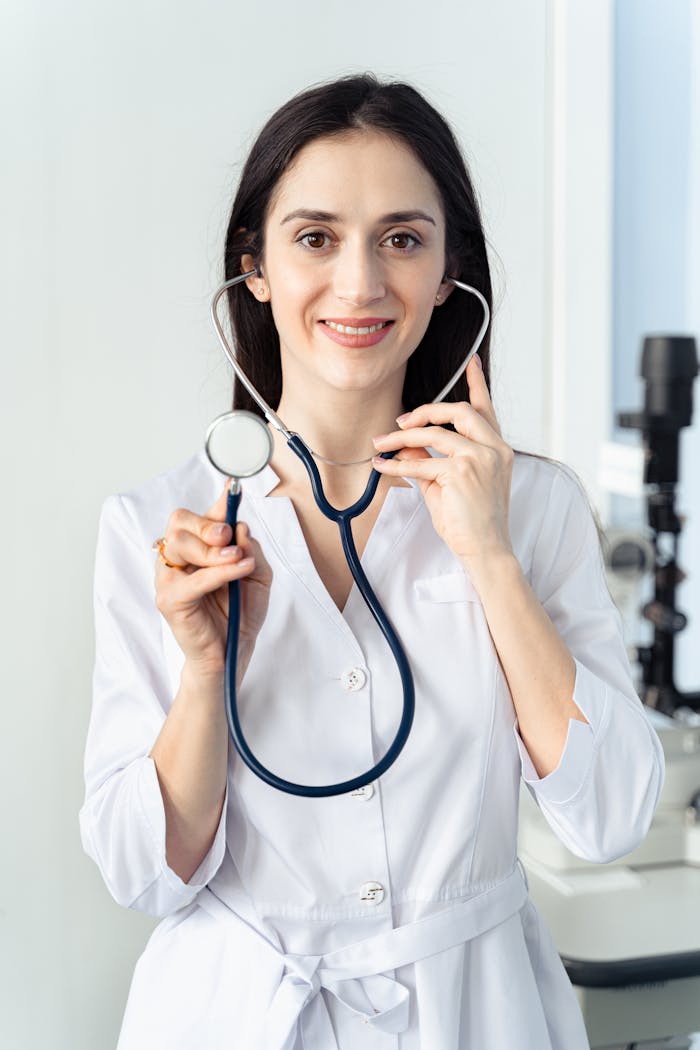 Portrait of a smiling female doctor holding a stethoscope, showcasing professionalism in a healthcare setting.